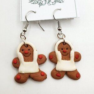Handmade Jewelry Holiday Clay Gingerbread Man with Apron Earrings, New